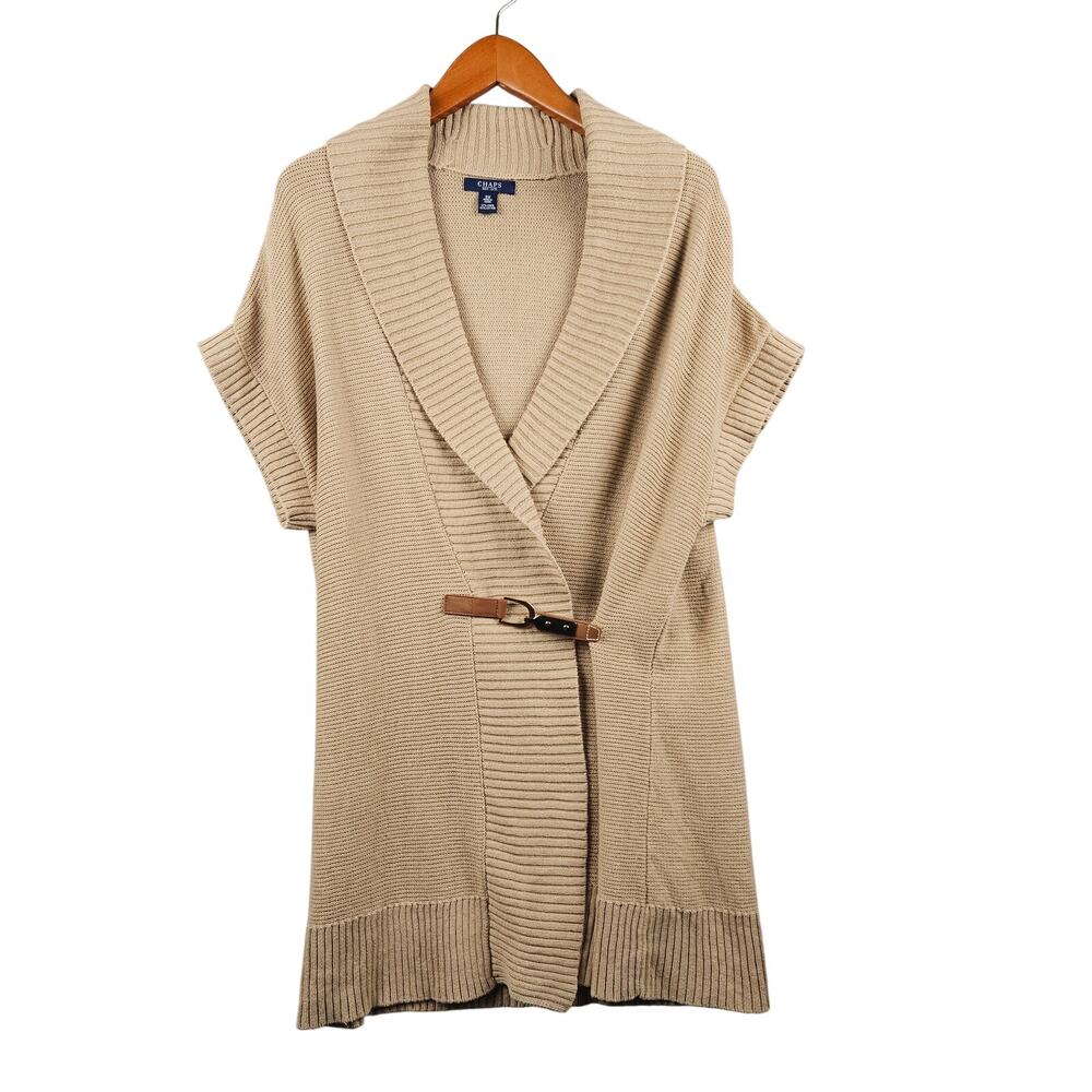 Chaps Women's 3X Beige Linen Cotton Knit Long Cardigan Vest Shawl Collar Buckle